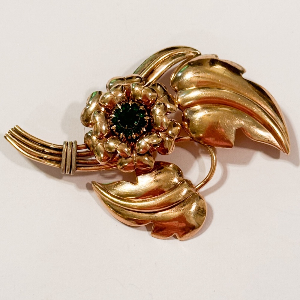 Vintage LS Co Stern Silver 800 Gold 12K Brooch Pin Flower Green Rhinestone 3”